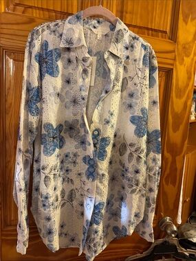 Adiva White Button-Down Shirt with Blue Floral Print